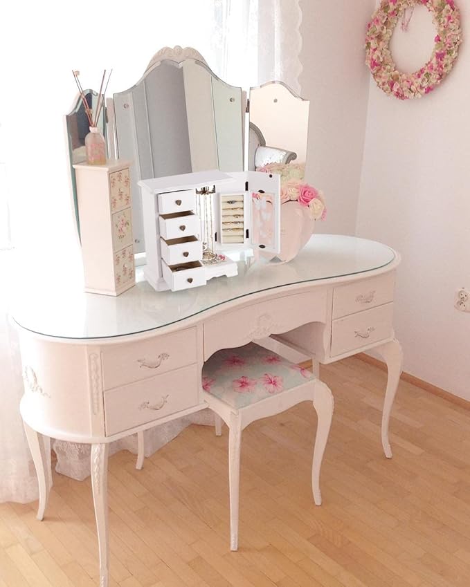 RR ROUND RICH DESIGN Solid Wooden Jewelry Box Makeup and Organizer Women Ring Storage with 4-Drawers Built-in Necklace Carousel and Mirror White