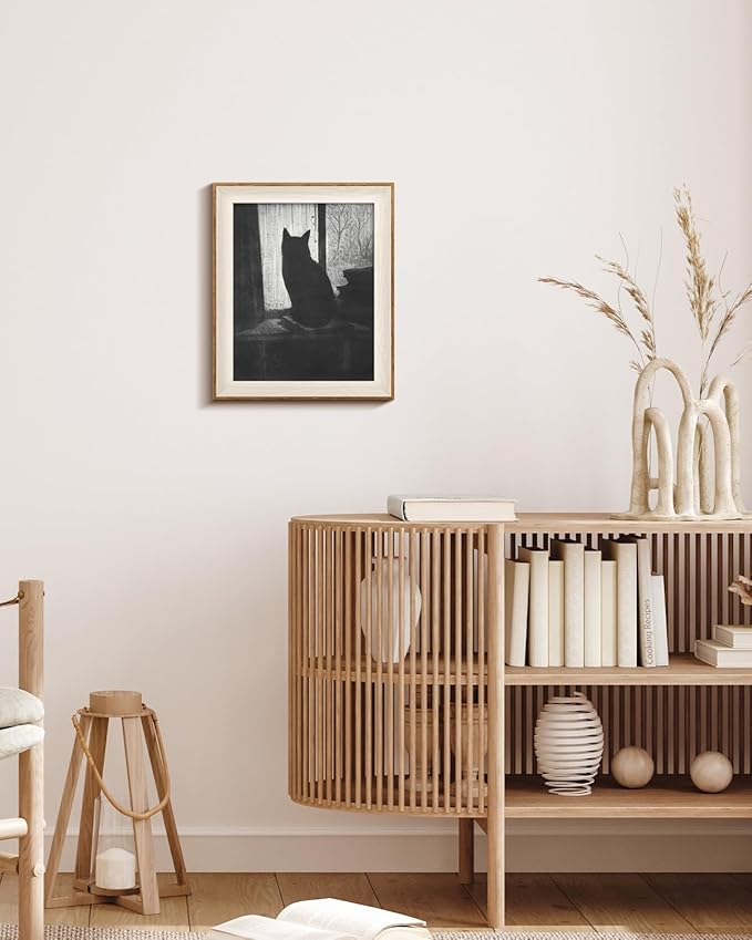 VIYYIEA Framed Wall Art for Living Room, Black Cat Canvas Prints, Vintage Home Decor, Animals Painting Picture, Bathroom Wall Decor Gifts for Friends or Family -【Lonely Cat】-(12L x 10W)