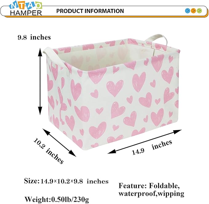 NTAOHAMPER 24L Mothers Day Gifts Pink Heart Fabric Storage Basket Empty with Handles, Books Box, Lovely Storage (Pink Heart)