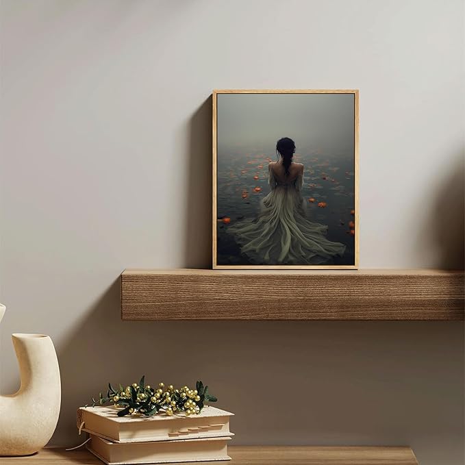 Framed Dark Academia Wall Art Lady in the Lake Moody Victorian Wall Decor Pictures Gothic Cottagecore Posters Prints Vintage Halloween Aesthetic Paintings for Gallery Bedroom Decoration 8x10in