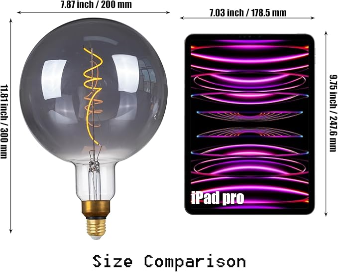 SD LUX Oversized Vintage LED Light Bulbs 5W, Medium Base E26, Giant Edison Bulb Large Decorative Bulbs, Huge Edison Light, Dimmable 200LM(15W Equi) Pendant Lighting Warm White 2200K,1 Pack(G200-Smoke)