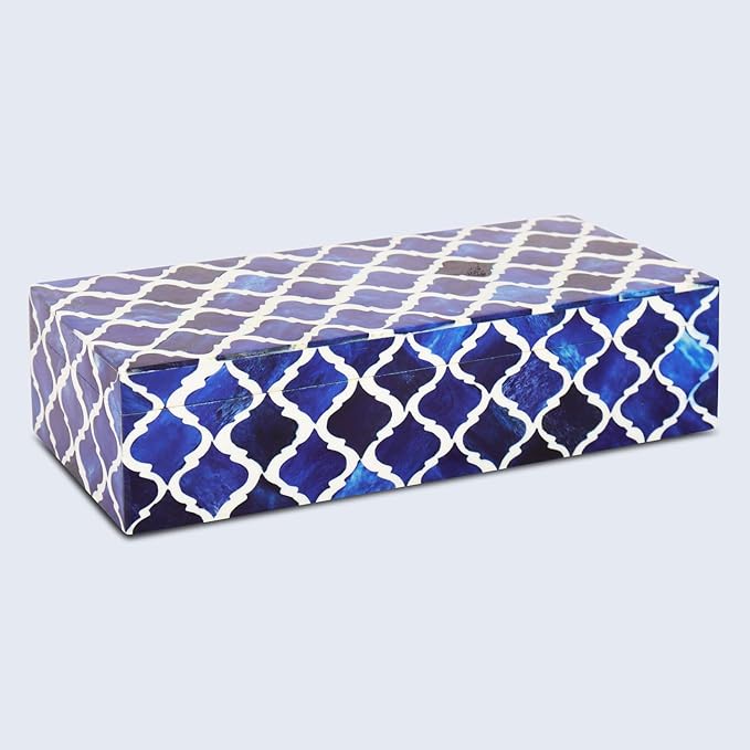 Handicrafts Home Decorative Storage Box with Lid, Moroccan Coffee Table Storage Box Organizer, Wooden Keepsake Jewelry Box, Decorative Desk Console Storage Box, Blue, 10 x 4.5 x 2.5