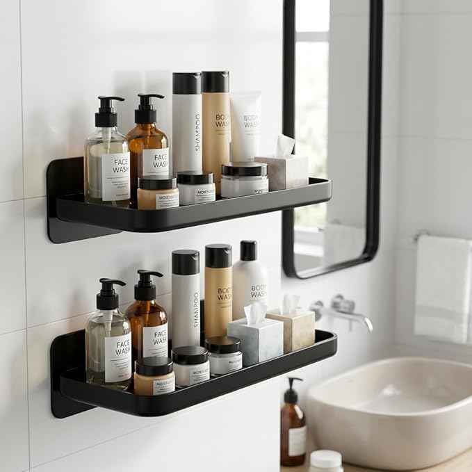 2pc Wall Mounted Floating Shelf, Acrylic Display Ledges with Edge Design, Small Space-Saving Display & Organizer for Living Room, Bathroom, Gaming Room, Office (Black)