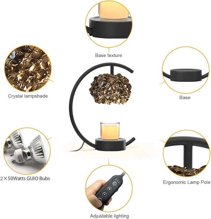 Yeuslor Candle Warmer Lamp for Jar Candles with Adjustable Brightness&Timer,Handcrafted Crystal Candle Lamp Luxurious Design+2Bulbs,Home Decoration Electric Candle Lamp(Black C-Shaped)