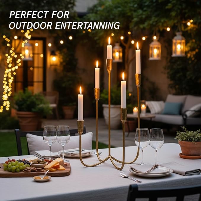 Candelabra for 5 Taper Candles – Hand-Forged Candle Holder with Elegant Vintage Finish – Decorative Centerpiece for Dining Room, Living Room or Mantel Decor(Brass Color-Straight)