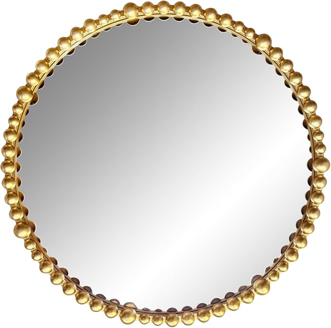 Gold Round Mirror with Beaded Frame ,Circle Antique Bathroom Vanity Mirror Decorative Wall Mirrors for Living Room,Bedroom, Entryway