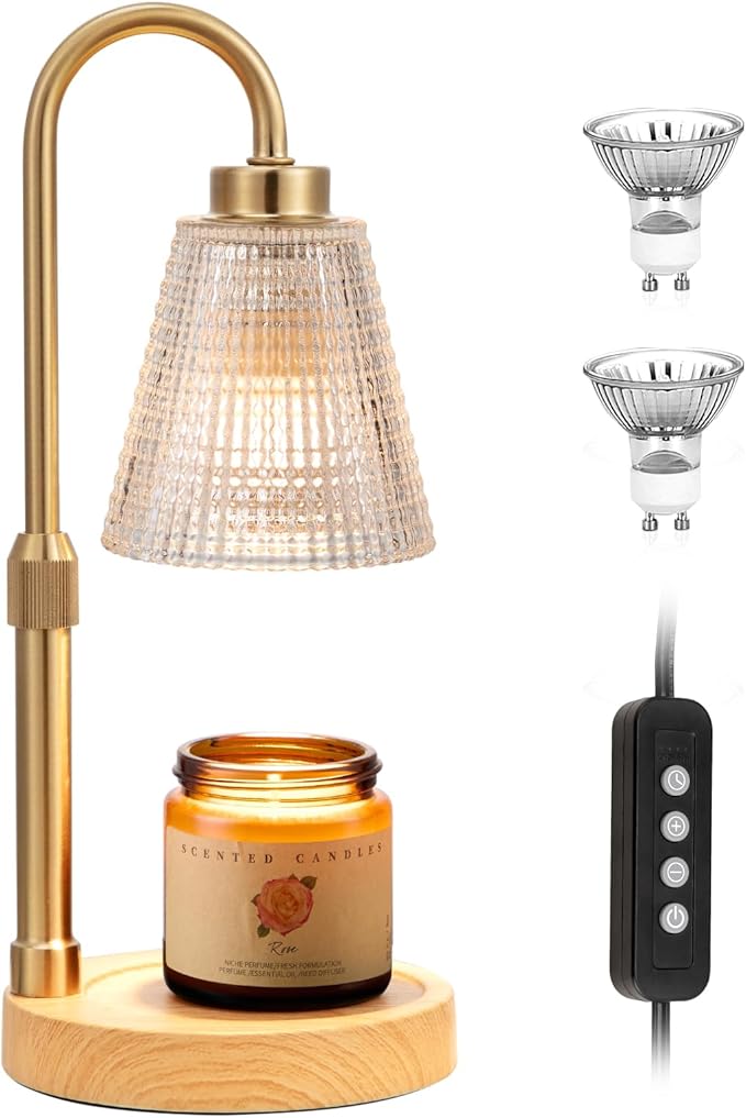 Wood Color& Clear Candle Warmer Lamp with Timer, Dimmable Candle Warmer for Jar Candles, Height Adjustable Wax Melts Warmer, Birthday Gifts for Women Mom, House Warming Gifts New Home Decor