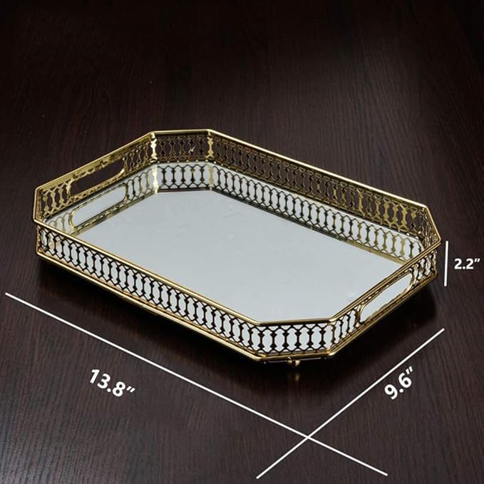 Perfume Vanity Mirror Tray - Durable Decorative Organizer for Dresser, Bedroom, Bathroom Countertops - Spacious 13.8x9.6x2.2 Inches, Scratch-Resistant - Gold