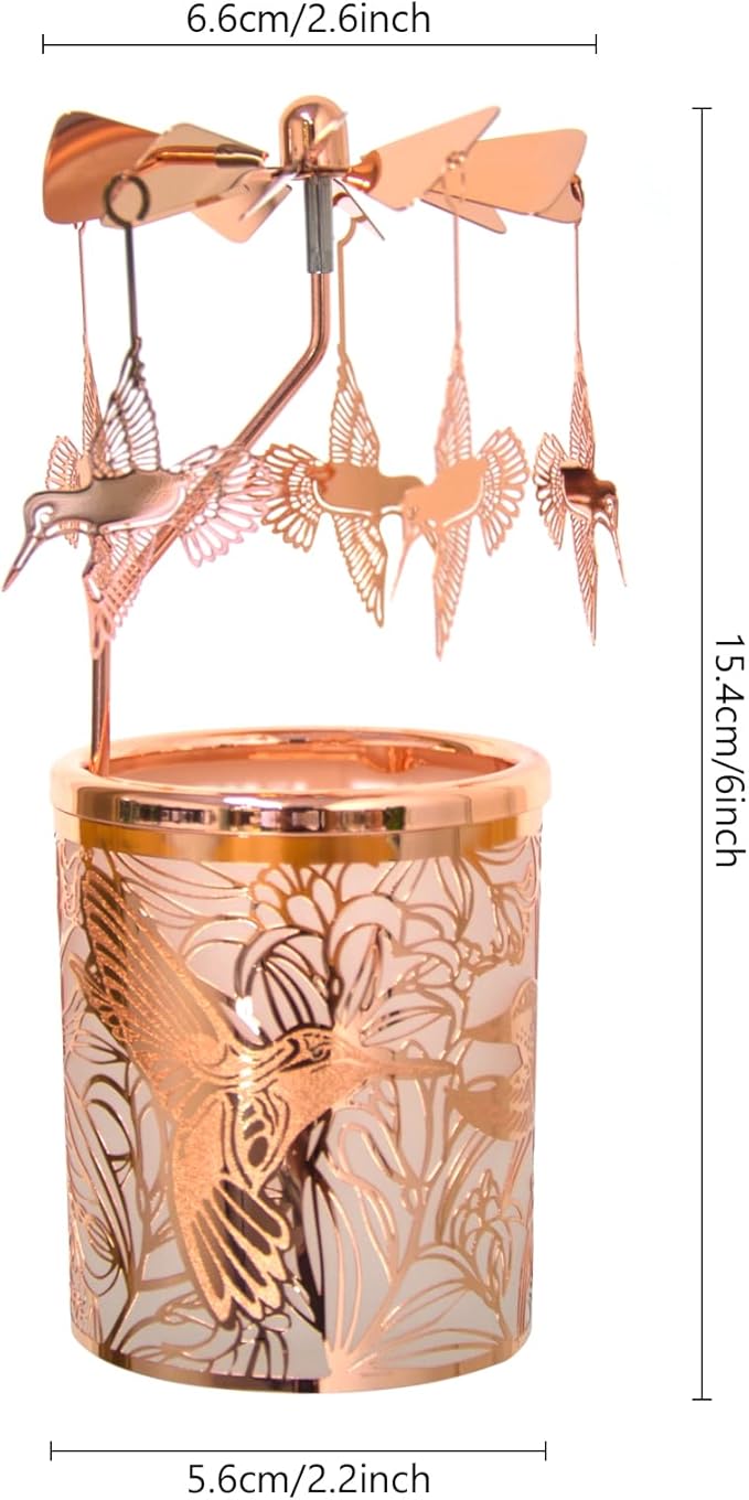 Metal Rotary Candle Holder Spinning Windmill Tea Light Carousel Decor for Home & Gifts (Rose Gold Hummingbird)
