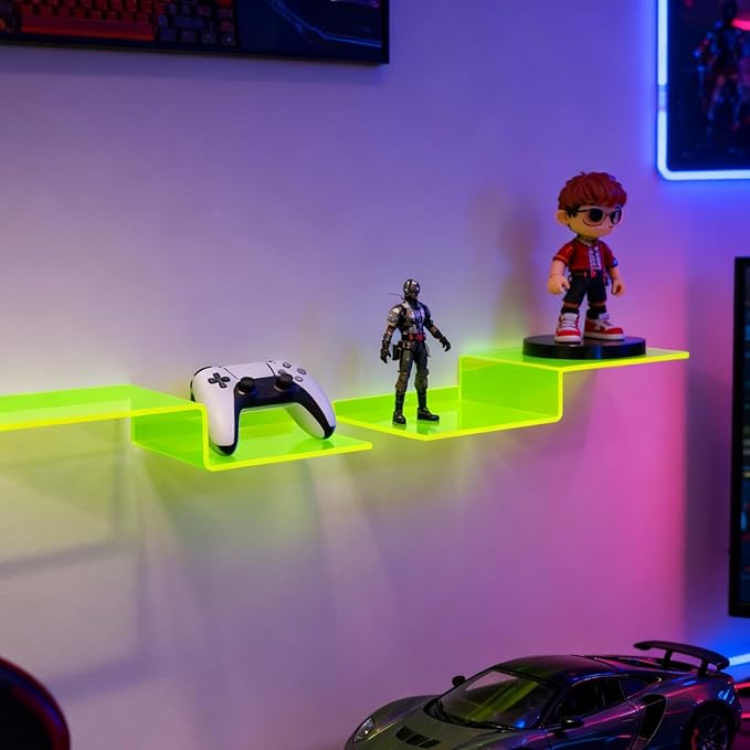 SetGame 2-Pack Acrylic Shelves Z-Shaped Display Stand Wall Mounted, 12 Inch Wall Storage Organizer for Toys, Books, Plants, Photos Album, Suit for Office, Living Room, Room Decor (Neon Green)