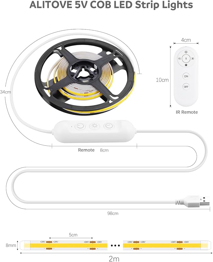 ALITOVE LED Strip Lights 5V USB 6.56FT 640LEDs 4000K Ultra Bright Dimmable White COB LED Light Strip with Remote Flexible LED Tape Lights for Mirror Desk Cabinet Kitchen Shelf TV Bedroom DIY Lighting