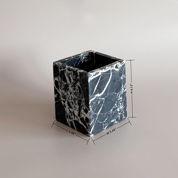 Natural Marble Stone Square Storage Container Empty Vessel Holder Cup for Candle/Pens/Sundries items (Calacatta Black)