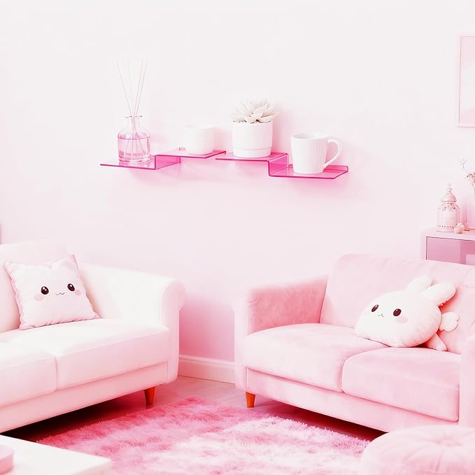 SetGame 2-Pack Acrylic Shelves Z-Shaped Display Stand Wall Mounted, 12 Inch Wall Storage Organizer for Toys, Books, Plants, Photos Album, Suit for Office, Living Room, Room Decor (Neon Pink)