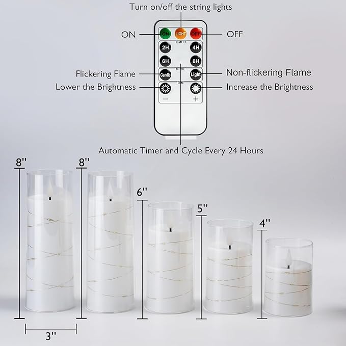 Homemory Pure White Flameless Candles with Embedded Star String Fairy Lights, Battery Operated Candle, LED Candles, Fake Candles with Remote Control and Timer, Set of 5(H4"5"6"8"8")