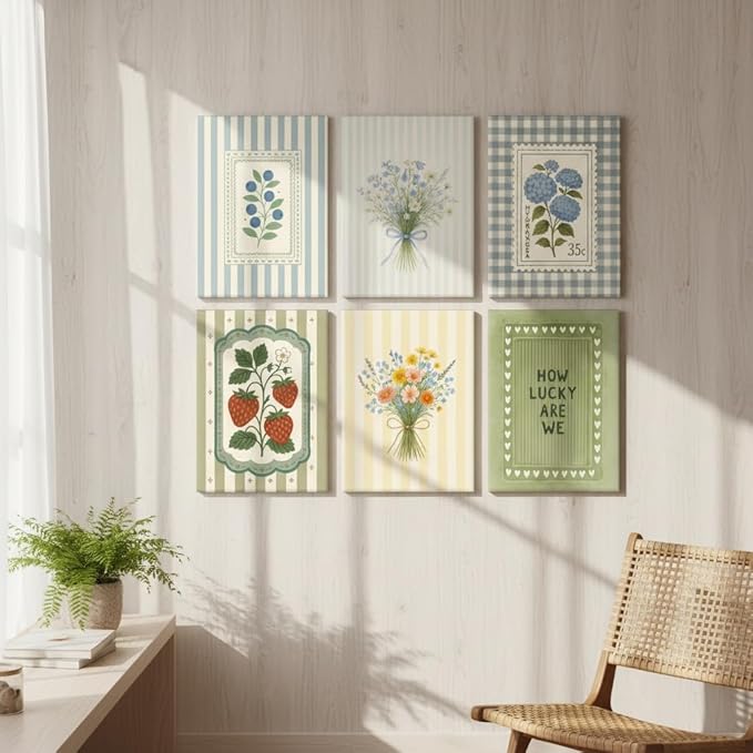 6Pcs Vintage Floral Canvas Wall Art Cottagecore Botanical Painting Picture Wall Decor Vintage Botanical Posters Print Artwork for Girls' Room Bedroom Livingroom Home Decoration