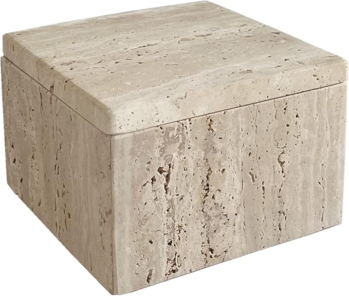 Natural Marble Ring Jewelry Box Cotton Swab Storage Box with Lid Storage Box (Travertine)