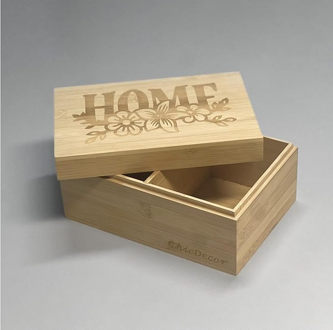 Bamboo Wooden Storage Box with Lid – Natural Wood Organizer with Removable Divider, 8.66 x 5.91 x 3.94 Inches – Decorative Jewelry, Kitchen, Bathroom & Home Organizer