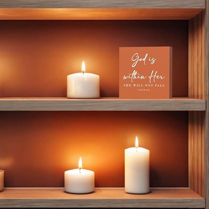 God Is Within Her Bible Verse Artwork Orange Wood Box Sign Rustic Farmhouse Style Psalm 46 : 5 Christian Wood Block Plaque 5 X 5 Inches Home Office Desk Sign Decor for Presents