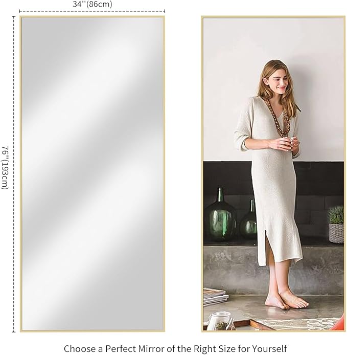 Koonmi 76"x34" Floor Mirror Full Length, Bedroom Floor Body Mirror with Stand, Large Gold Mirror, Leaning, Standing or Hanging Horizontally/Vertically