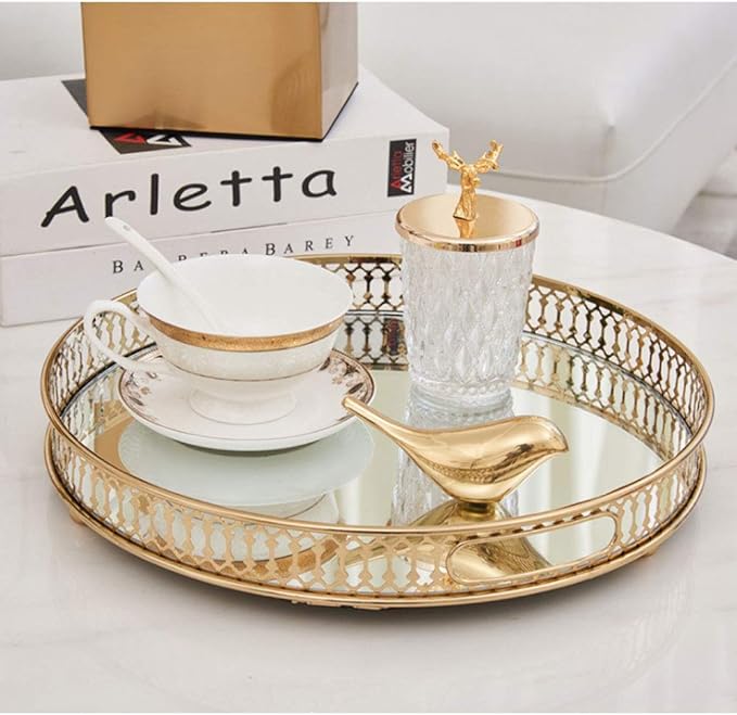 Vintage Gold Mirror Tray,Round Shape(12.6in) Ornate Geometric Brass Plated and Glass Display Storage Organizer,Jewelry Perfume Makeup Organizer Tray, for Dresser, Bathroom, Bedroom