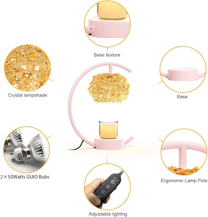 Yeuslor Pink Candle Warmer Lamp for Jar Candles with Adjustable Brightness&Timer,Handcrafted Crystal&Wooden Base,Candle Lamp Luxurious Design+2Bulbs,Home Decoration Electric Candle lamp(C-Shaped)