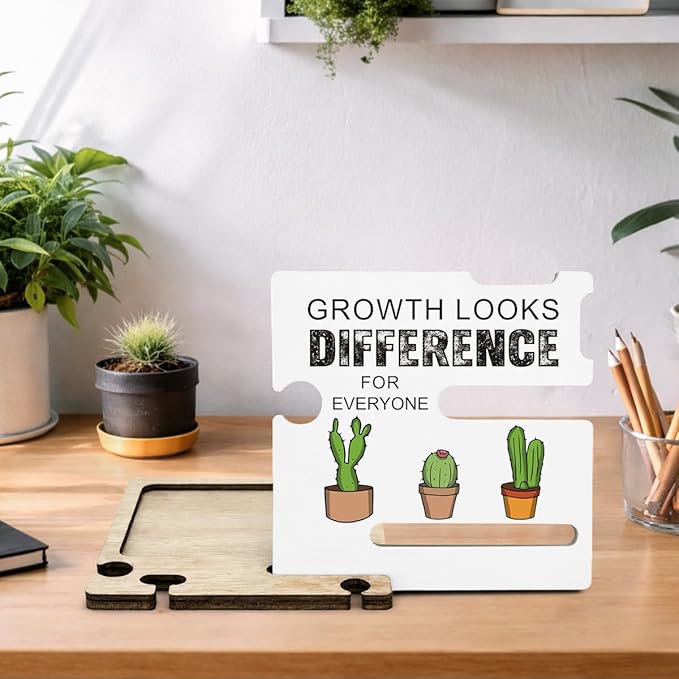 Mental Health Desk Decor Sign - Multi-functional Desk Organizer - Inspirational Growth Looks Different for Everyone Sign for Home Therapy Office School Counseling