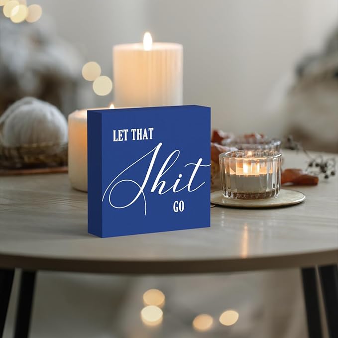 Funny Bathroom Decor Blue Wood Box Sign, Humorous Farmhouse Toilet Sign with Quote, Restroom Shelf Decor for Guest Bath, Tabletop Countertop