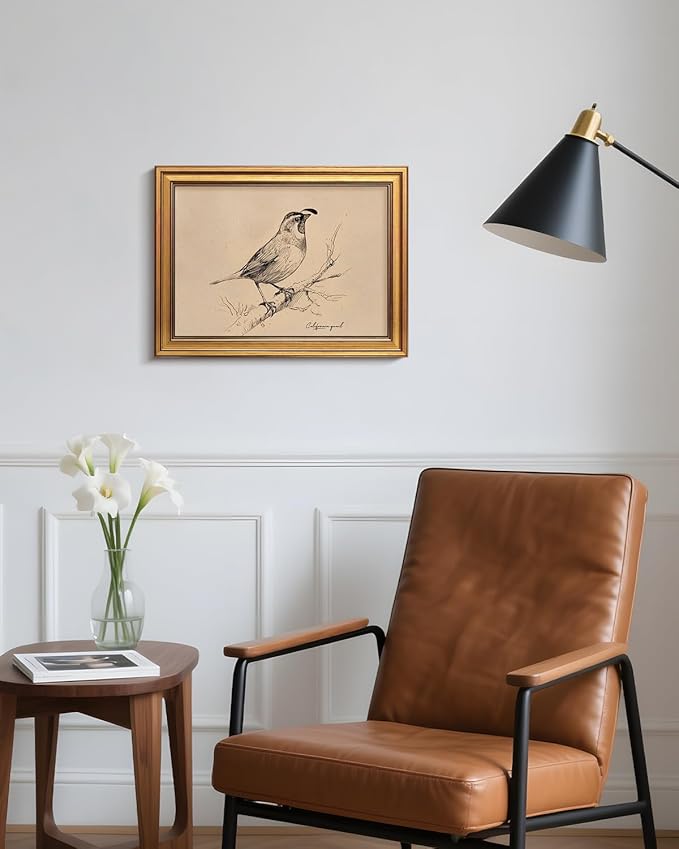 Bzstyleart Vintage Wall Art Decor for Living Room, Vintage Gold Framed Wall Art California State Bird, Framed Sketch Painting, Room Decor Aesthetic, Canvas Prints for Apartment Office, 12L x 16W