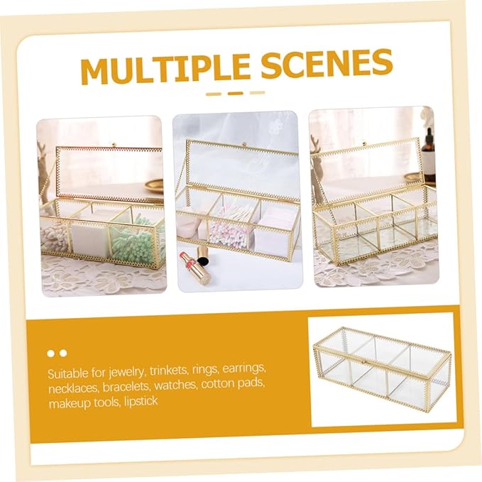 FRCOLOR Jewelry Organizer Box with Glass Lid and Gold Metal Frame Compartment Makeup Organizer Case for Rings Earrings Necklaces Dustproof Decorative Storage for Vanity Desk and Bathroom