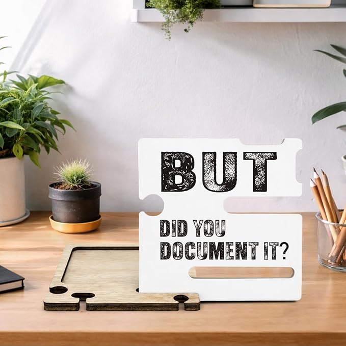 Funny Office Gifts for HR - Multi-functional Desk Organizer - Humorous Office Quote Wooden But Did You Document It Sign for Office Desk Shelf Decor