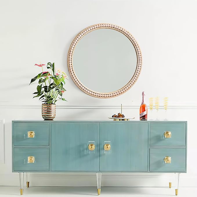 Antique Gold Round Wall Mirror 20", Ornate Beaded Metal Frame Mirror for Bathroom, Vintage Farmhouse Circle Accent Mirror for Bedroom Living Room Entryway or Vanity with Distressed Whitewashed Finish