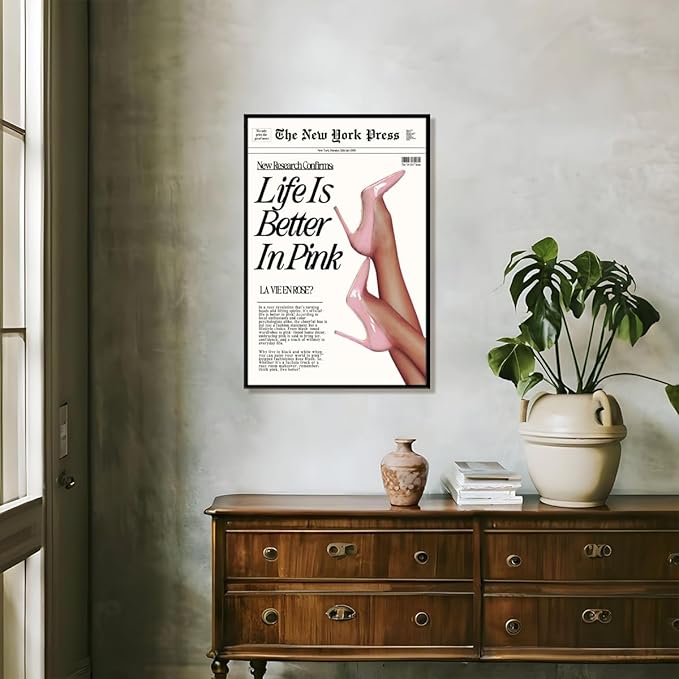 Trendy Baby Pink Poster 70s Canvas Prints The New York Press Wall Art Life Is Better in Pink Hot Girl Posters Preppy Aesthetic Decor Bedroom for Cool Girly Room Home Dorm 16x24inch black framed