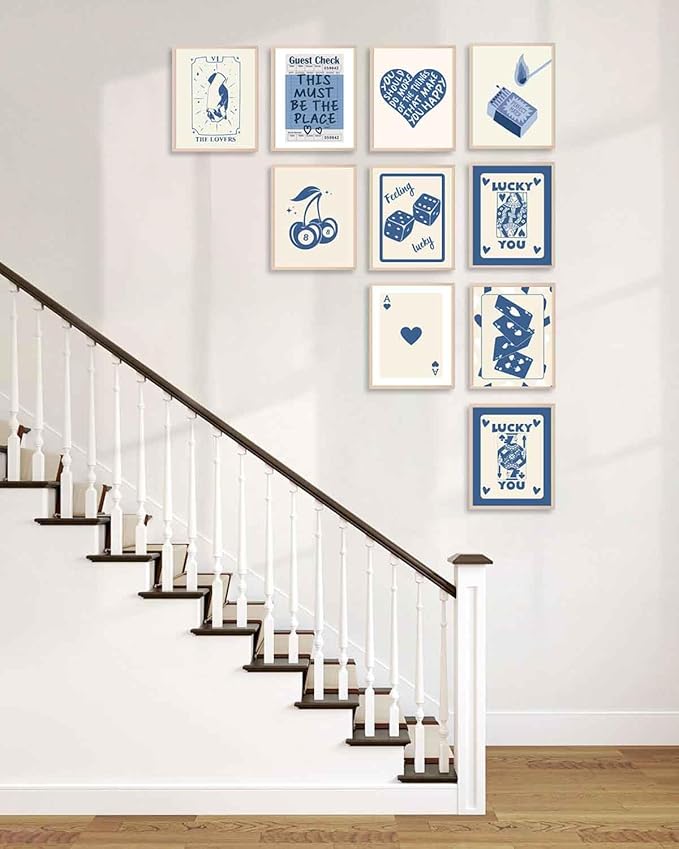 KBKBART 12pcs Blue Lucky Poster - Playing Card Wall Art, Poker Room Decor, Blue Trendy Wall Art, Funky Posters Aesthetic Pictures, Retro Ace Prints Queen of Hearts Decor for Bedroom (UNFRAMED)