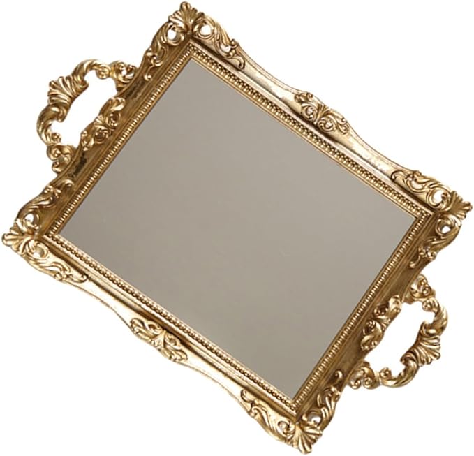 NUOBESTY Vintage Carved Mirror Tray Resin Decorative Plate Nordic Style Wedding Storage Tray Golden Retro Makeup Organizer for Bedroom Vanity Home Decor