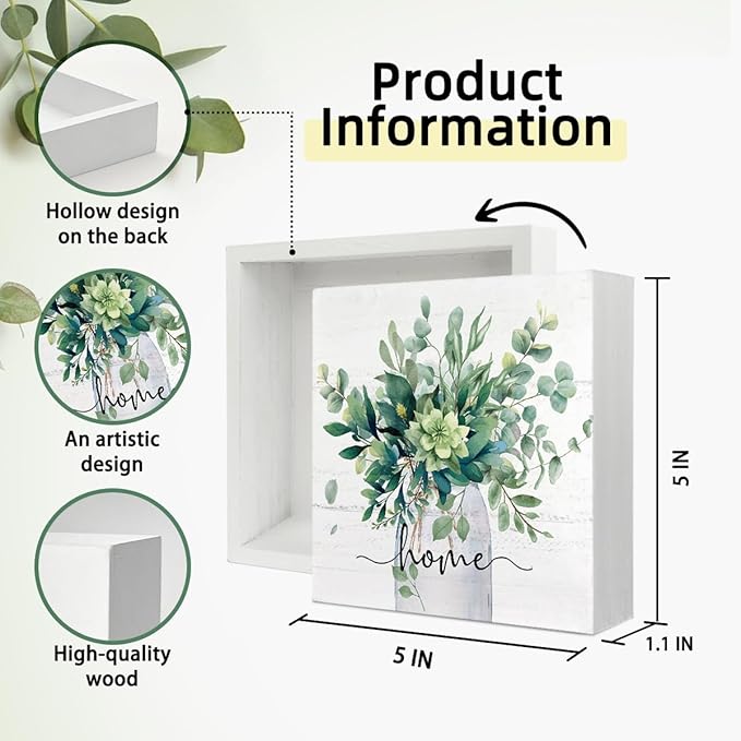 Sage Green Eucalyptus Leaves Wooden Box Sign Decor, Home Sign Shelf Decoration, Rustic Spring Botanical Wooden Block Decor for Home Farmhouse Shelf Tiered Tray Decoration 5x5