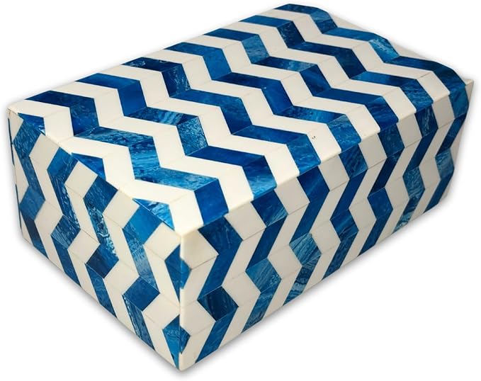 Perilla Home Home Decor Decorative Storage Wooden Box Small Wooden Organizer Tool Stash Card Craft Trinket Memory Keepsake Jewelry Box for Men and Women, Chevron, Gifts For All, Blue and Off White