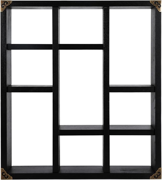 17.7x15.7-Inch Shadow Box Shelf 9-Slot Rustic Floating Shelves Larger Wall Mounted Lightweight Solid Wood Display Freestanding Farmhouse Shelf (9C-Classic Black)