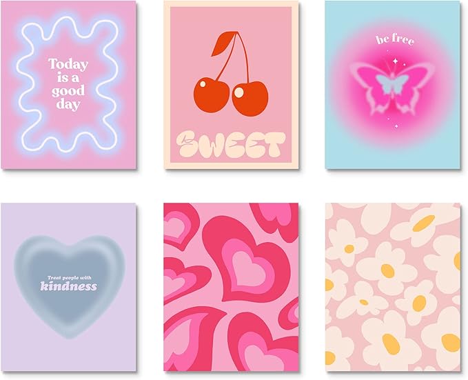 Habseligkeit Pink Gradient Aura Posters for Room Decor Aesthetic, Danish Pastel Cute Room Decor, Cozy Wall Art Prints for Girs Dorm Aesthetic Decor Unframed, 8x10in, Set of 6