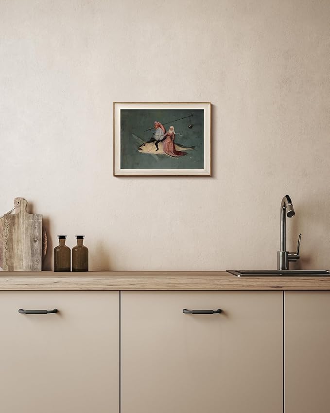 VIYYIEA Framed Wall Art for Living Room, Drive the Fish Canvas Prints, Vintage Home Decor, Funny Painting Picture, Bathroom Wall Decor Gifts for Friends or Family - 16L x 12W