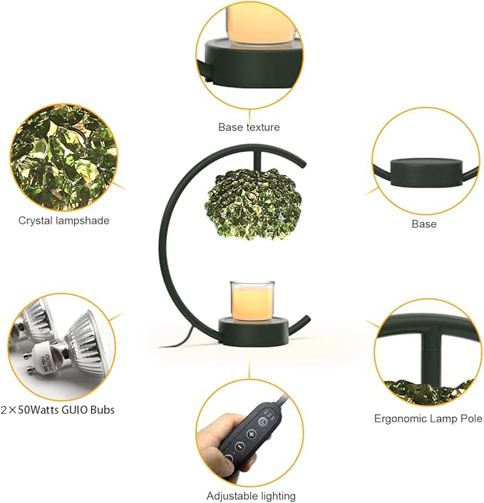 Yeuslor Candle Warmer Lamp for Jar Candles with Adjustable Brightness&Timer,Handcrafted Green Crystal Candle Lamp Luxurious Design+2Bulbs,Home Decoration Electric Candle lamp(Balck C-Shaped)