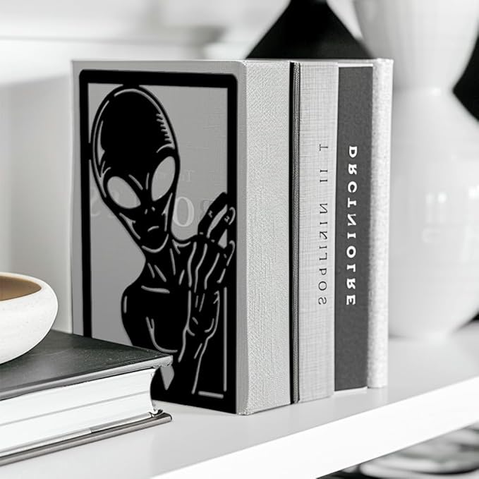 Peacoblue Metal Bookends for Shelves, Modern Decorative Heavy Duty Study Book Ends Stoppers for Office, Desk, Shelf, Room 5.3"x4.3"x7.9" Cast Iron Simple Tall Bookends 1 Pair (Aliens)