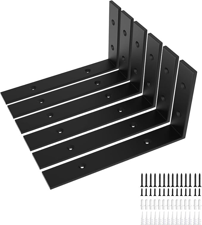6-Pack Heavy Duty 6-Inch Black Shelf Brackets, L Shelf Bracket 6Inch for Floating Shelves, 1/5-Inch Thick