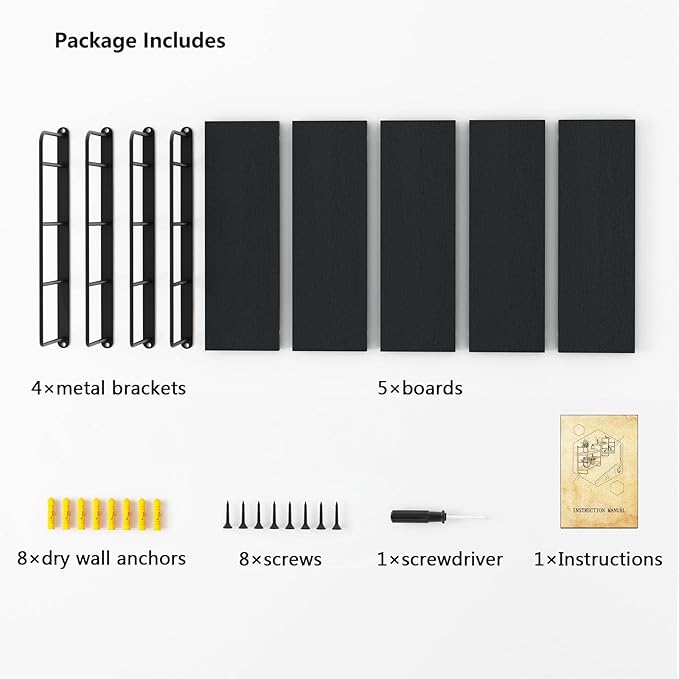 MXCSE Wall Shelves, Wall Mounted Bookshelves, DIY Floating Shelves for Wall, Wood Hanging Book Shelves for Room, Bedroom, Living Room, Easy Installation (Black, 50W x 17H)