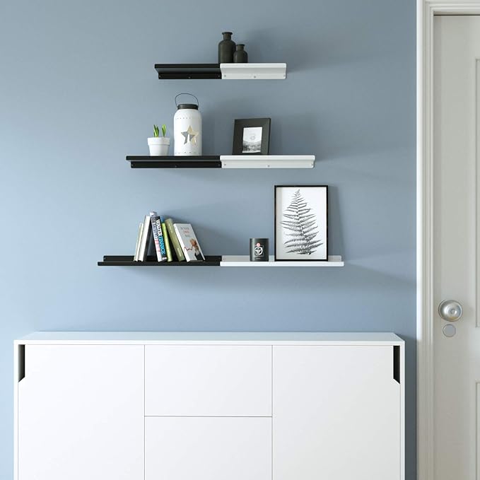 SRIWATANA White Metal Wall Shelves, Floating Shelves Wall Mounted Set of 3 for Bedroom, Living Room, Bathroom, Kitchen, Matte White