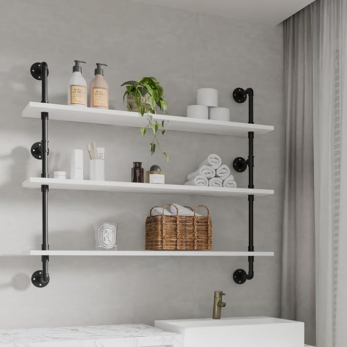 HDDFER Industrial Pipe Shelving Rustic White Pipe Wall Shelves Industrial Shelves with Wood Planks Floating Shelves 48 Inch Farmhouse Bathroom,Kitchen Shelving Wall Mounted