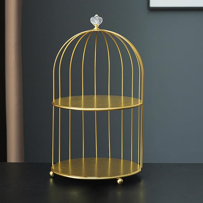 Bird Cage Cosmetic Organizer,Cosmetic Rack Bird Cage Desktop Makeup Organizer Rack, Space Saving Iron Unique Makeup Display Rack for Home Bathroom, Gold (Double Layers)