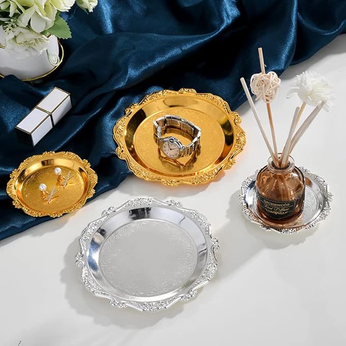 Round Storage Tray Necklace tray Jewelry Holder Organizer Dessert Plate Fruit DishRing Dish Organizer Holder Home Decor Wedding Gift for Perfume Candle Holiday Party(Golden/Silver) (Golden, Small)