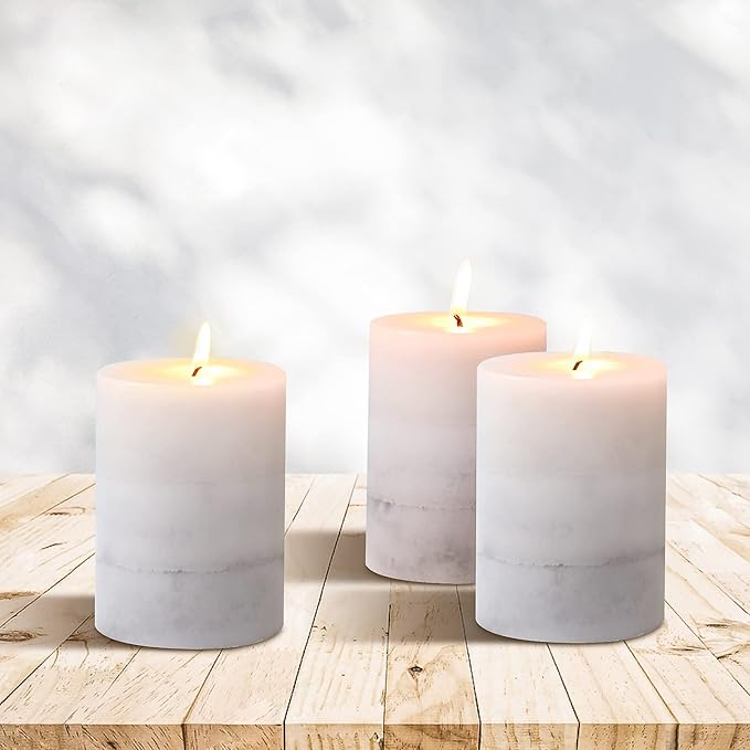 Set of 3 Scented Pillar Candles Creamy Coconut Scented 3" x 4" Long-Lasting Burn Candle White Gray Palette Pillar Candle Clean Burning No Drip Candles Gift for Home Party Dinner Table Decor