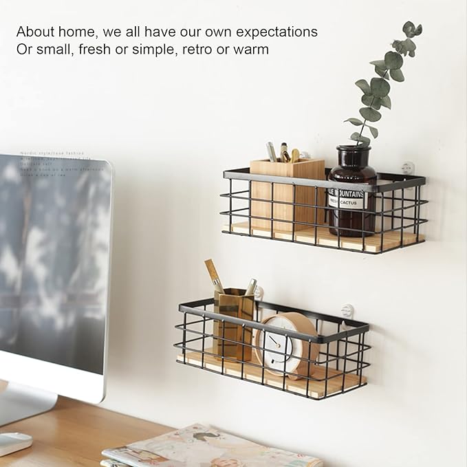 Basket Wallmount Metal Wire Storage Basket- 2 Pack with Wooden Chassis, Decorative Organizer Storage Tray for Hanging in Entryway, Mudroom, Bedroom, Bathroom, Laundry Room
