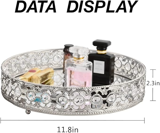 Round Mirror Tray for Coffee Table, Perfume, Makeup, and Vanity - Decorative Organizer for Dresser Tops (Silver, 11.8 in)